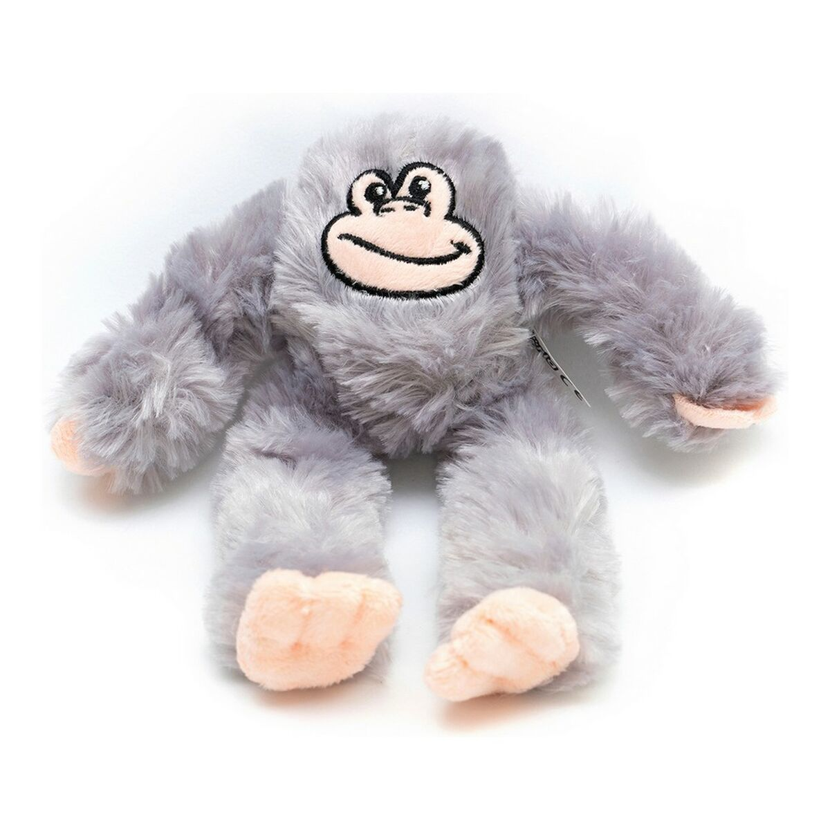 Un giocattolo di peluche a forma di gorilla grigio con un volto sorridente e le braccia tese. Il giocattolo è su una superficie bianca.