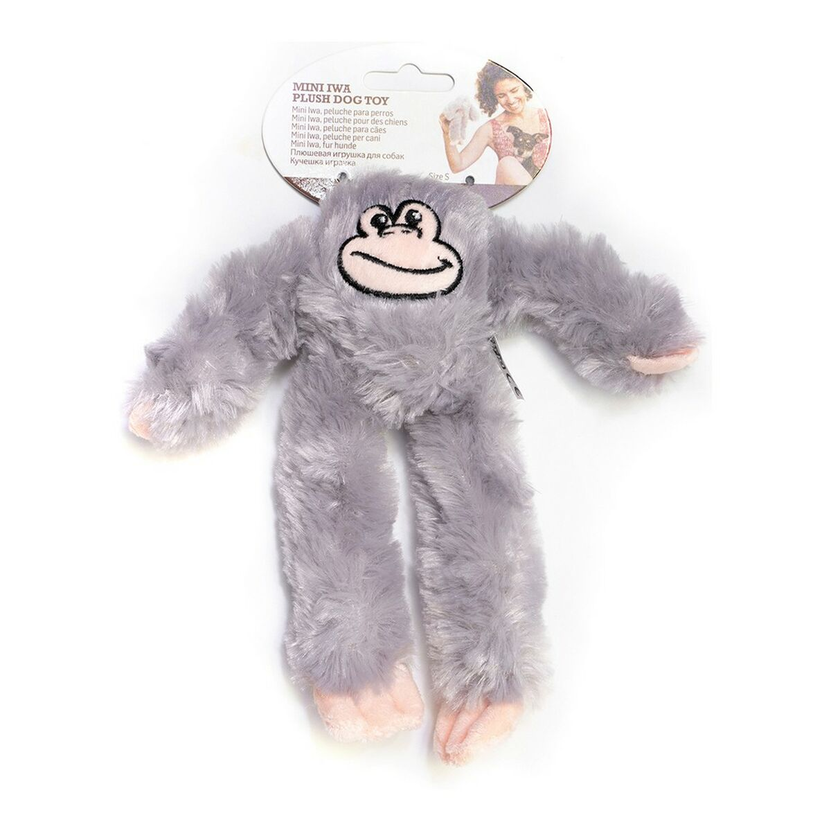 Peluche di scimmia grigia con piedini rosa e un volto sorridente, appeso su sfondo bianco.