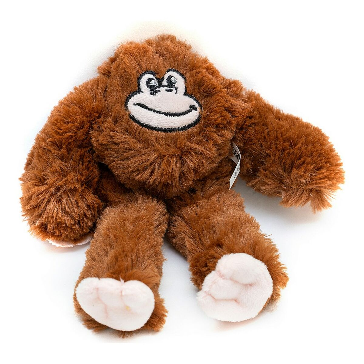 Un peluche di orango con pelliccia marrone e un volto sorridente.