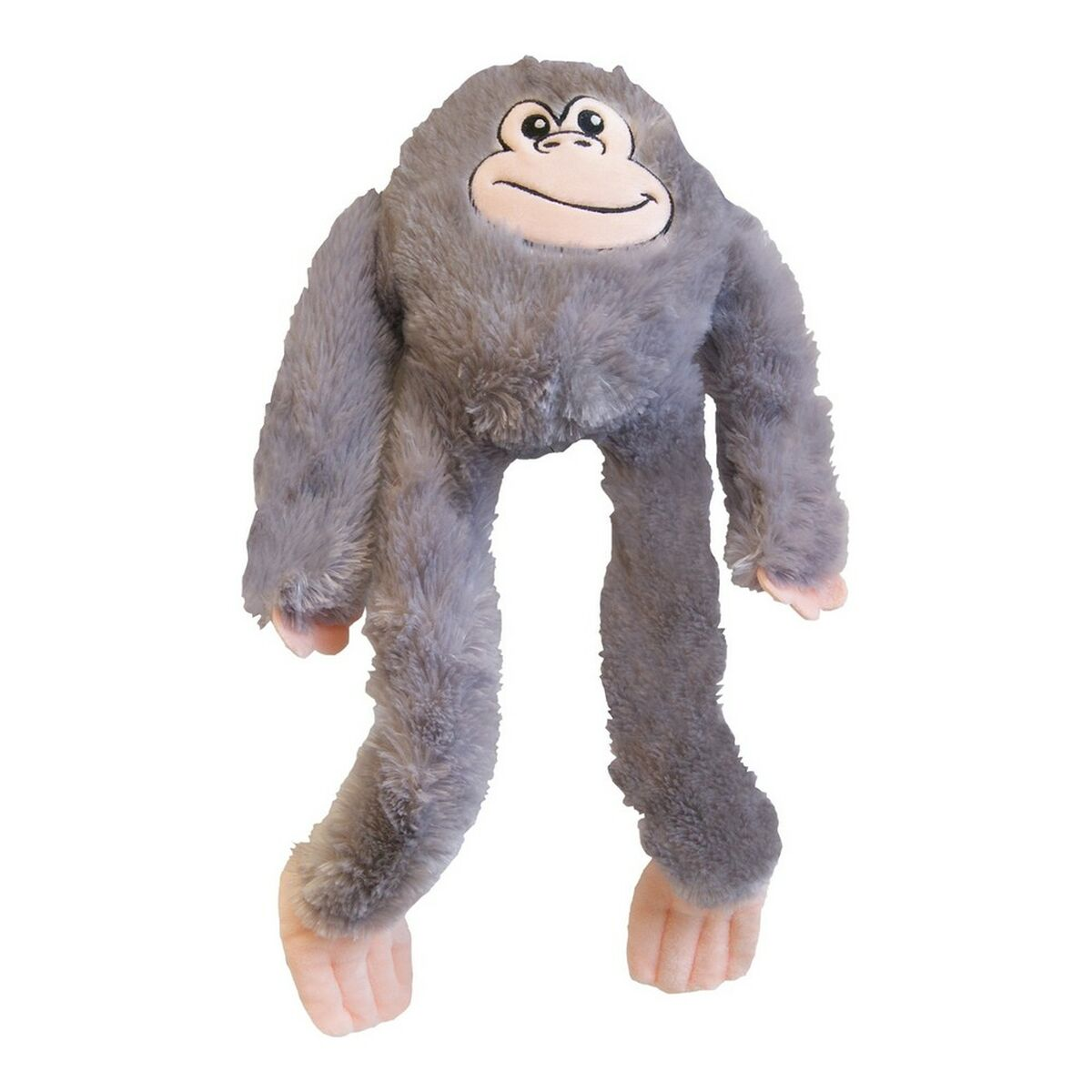Giocattolo scimmia di peluche grigio con braccia e gambe lunghe. Sfondo bianco.