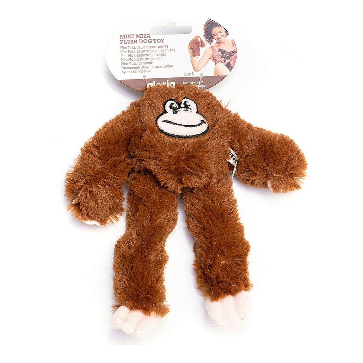 Giocattolo scimmia di peluche marrone con viso sorridente, sfondo bianco.