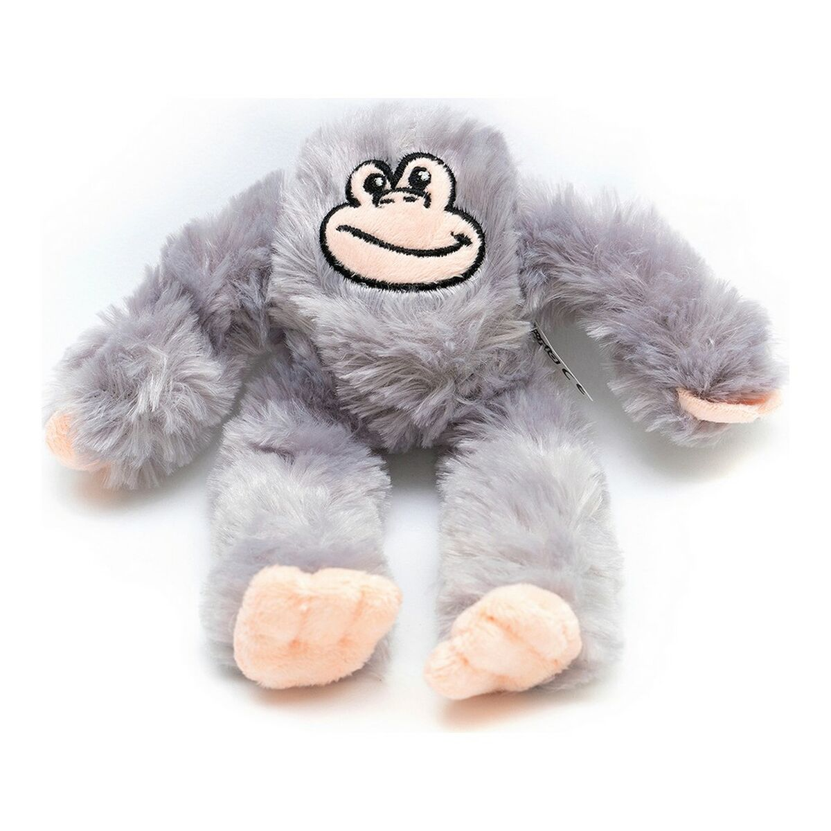 Giocattolo di gorilla di peluche grigio con mani e piedi rosa, viso sorridente.