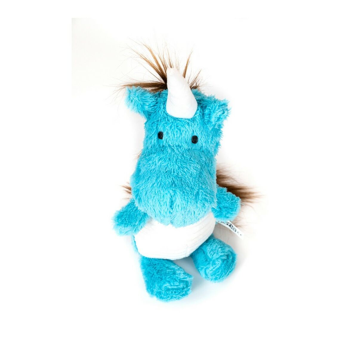 Ein blaues Plüsch-Einhorn-Spielzeug mit weißem Horn und braunem Haar, vor weißem Hintergrund.