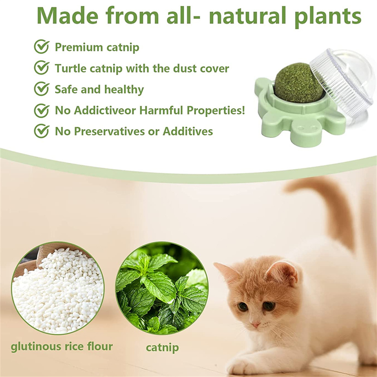 Katzenfutter mit Katzenminze und dem Text Hergestellt aus rein natürlichen Pflanzen. Eine Katze ist in der Ecke.