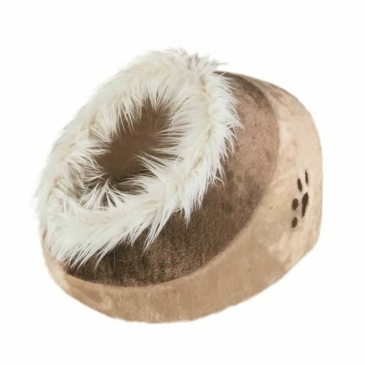 Cuccia marrone con rifiniture in pelliccia bianca. Il letto è ovale e su sfondo bianco.
