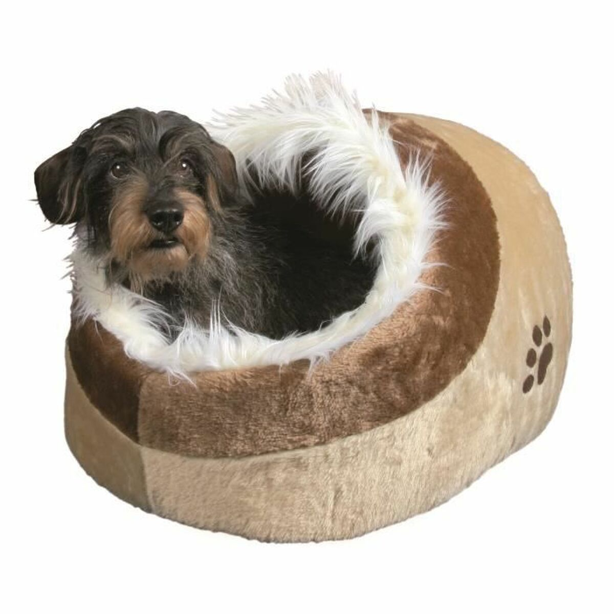 Cane in una comoda cuccia, marrone e beige, con un'impronta di zampa sul lato.