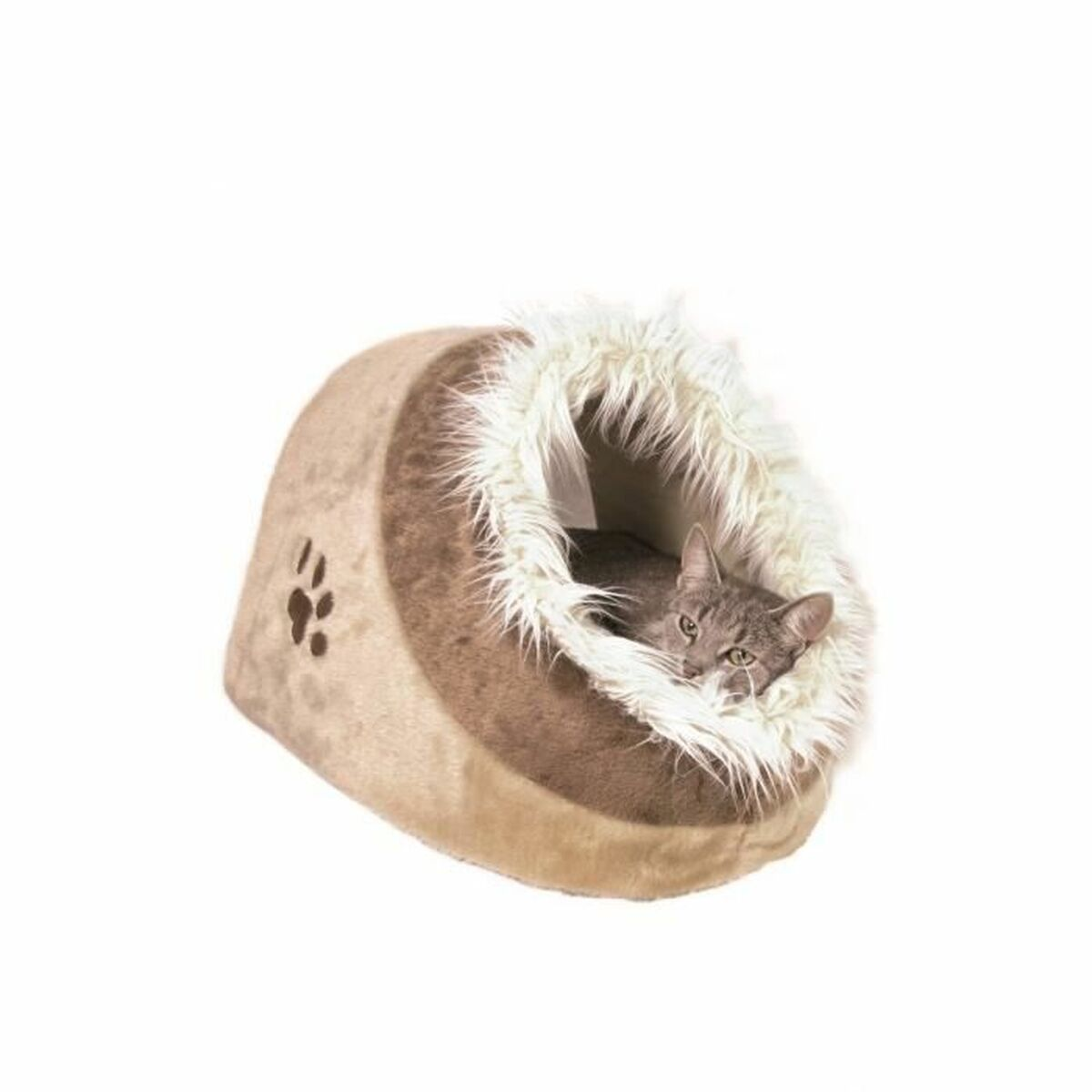 Un gatto grigio all'interno di una cuccia marrone e beige con un'impronta di zampa sul lato.