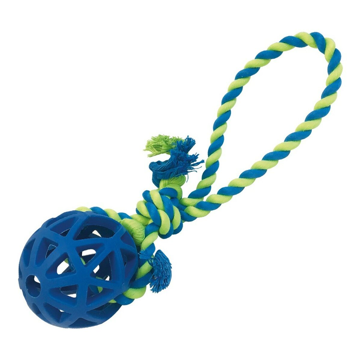 Un giocattolo per cani blu e verde. È una palla con fori e una corda attaccata.
