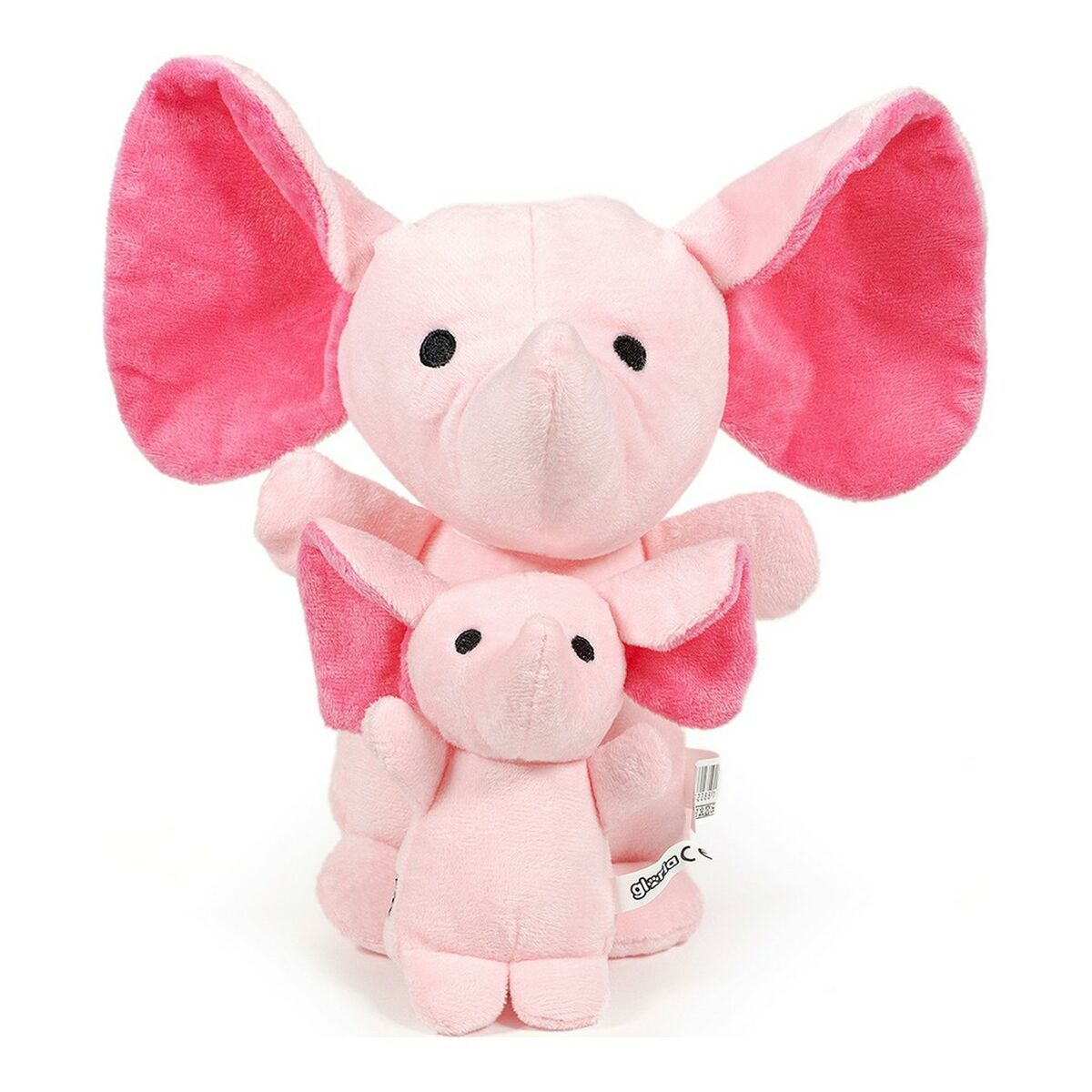 Due elefanti di peluche rosa, uno grande e uno piccolo, in piedi insieme.