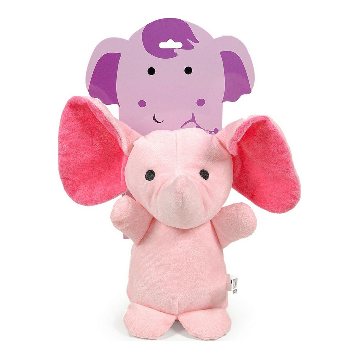 Giocattolo elefante di peluche rosa con una carta abbinata. Ha grandi orecchie e una proboscide. Sfondo bianco.