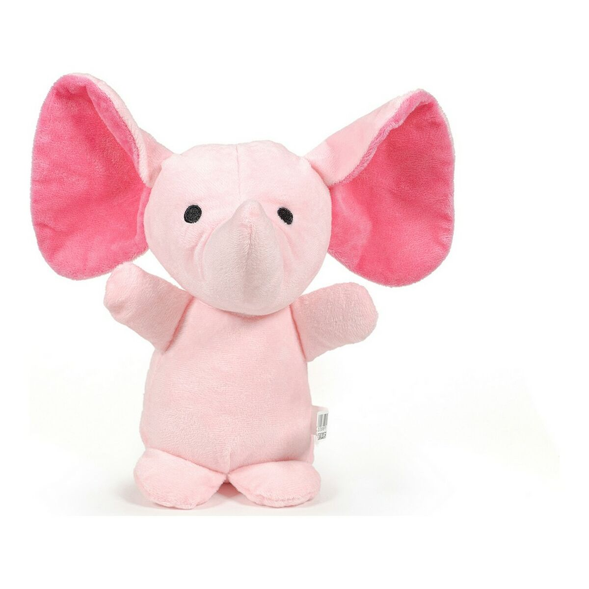 Giocattolo elefante di peluche rosa con le braccia aperte, isolato su sfondo bianco. Design carino.