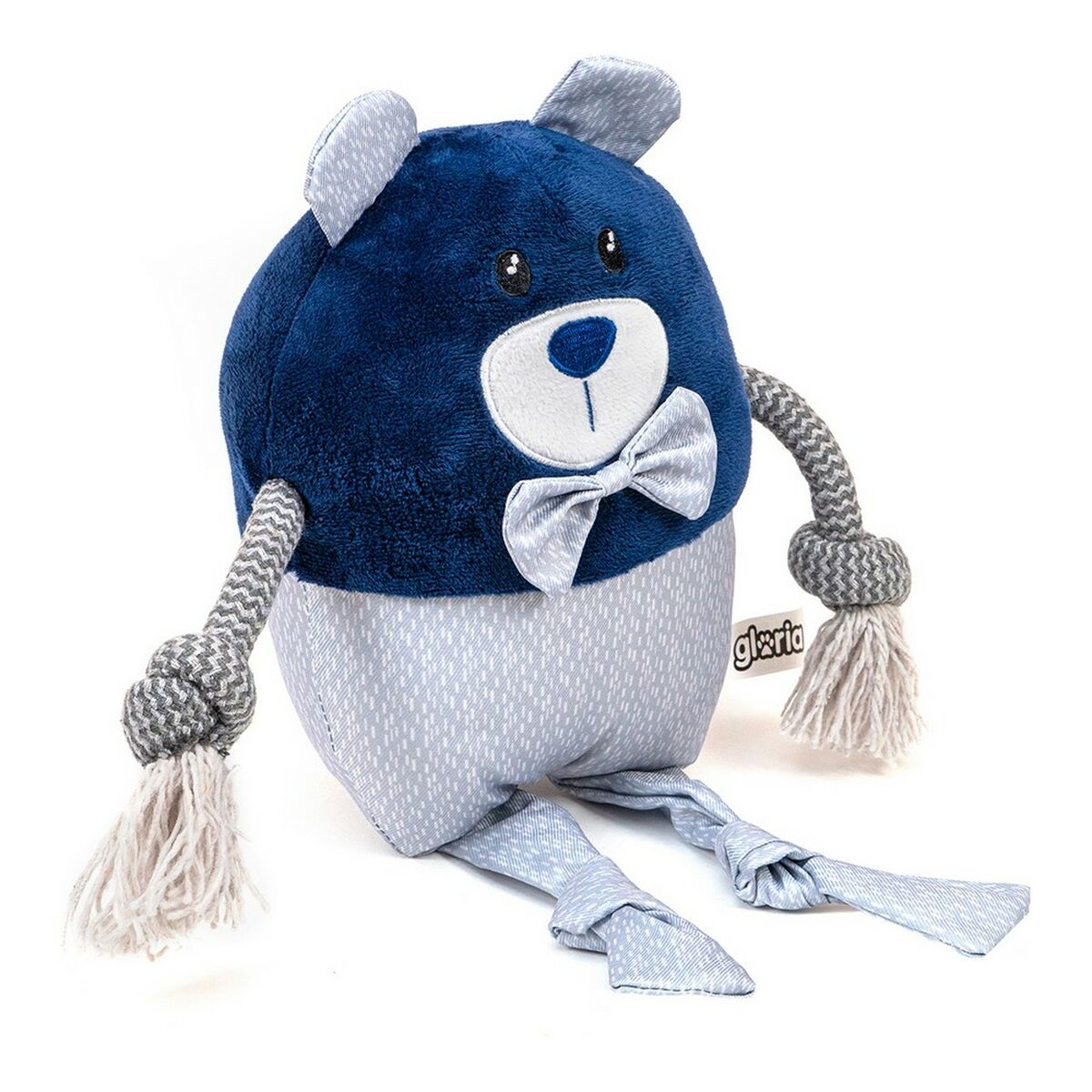 Orsacchiotto di peluche blu e bianco con papillon, braccia e gambe di corda.