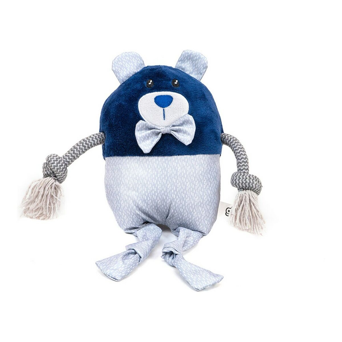 Un orsacchiotto di peluche blu e bianco, con braccia e gambe di corda.