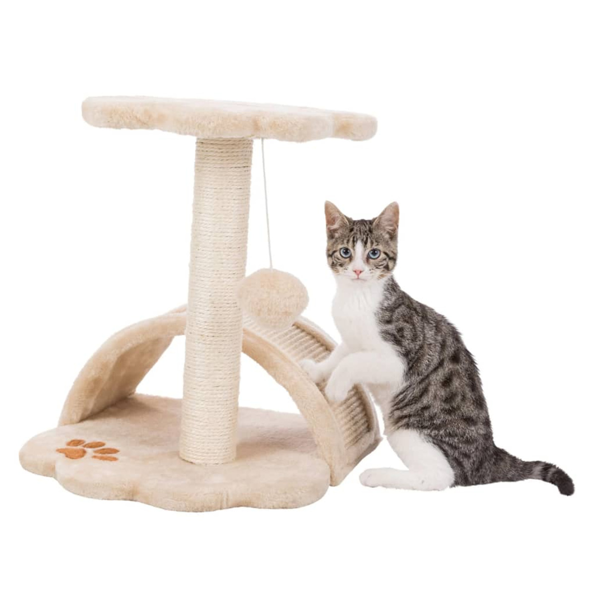 Un gatto è su un albero per gatti. L'albero è di colore beige con una palla appesa e un'impronta.