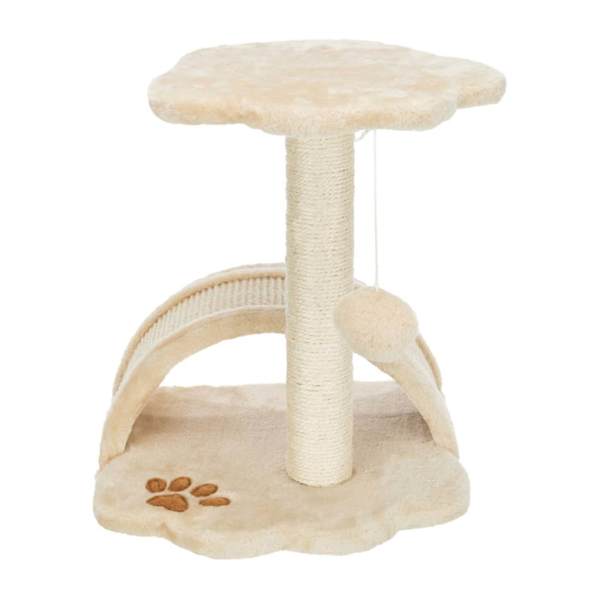 Un albero per gatti beige con piattaforma superiore a forma di nuvola, un tiragraffi e un ponte.