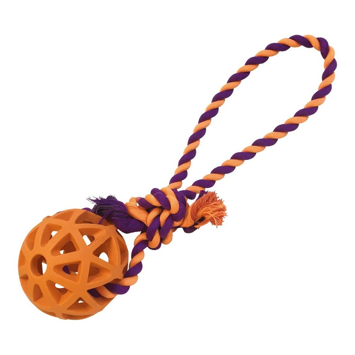 Giocattolo per cani, palla arancione con corda viola e arancione, sfondo bianco.