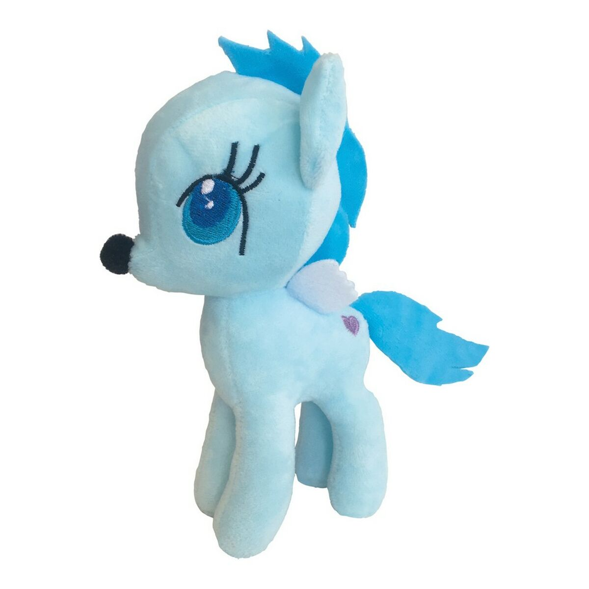 Un giocattolo a forma di pony blu con criniera e coda blu. Ha un cuore sul fianco.