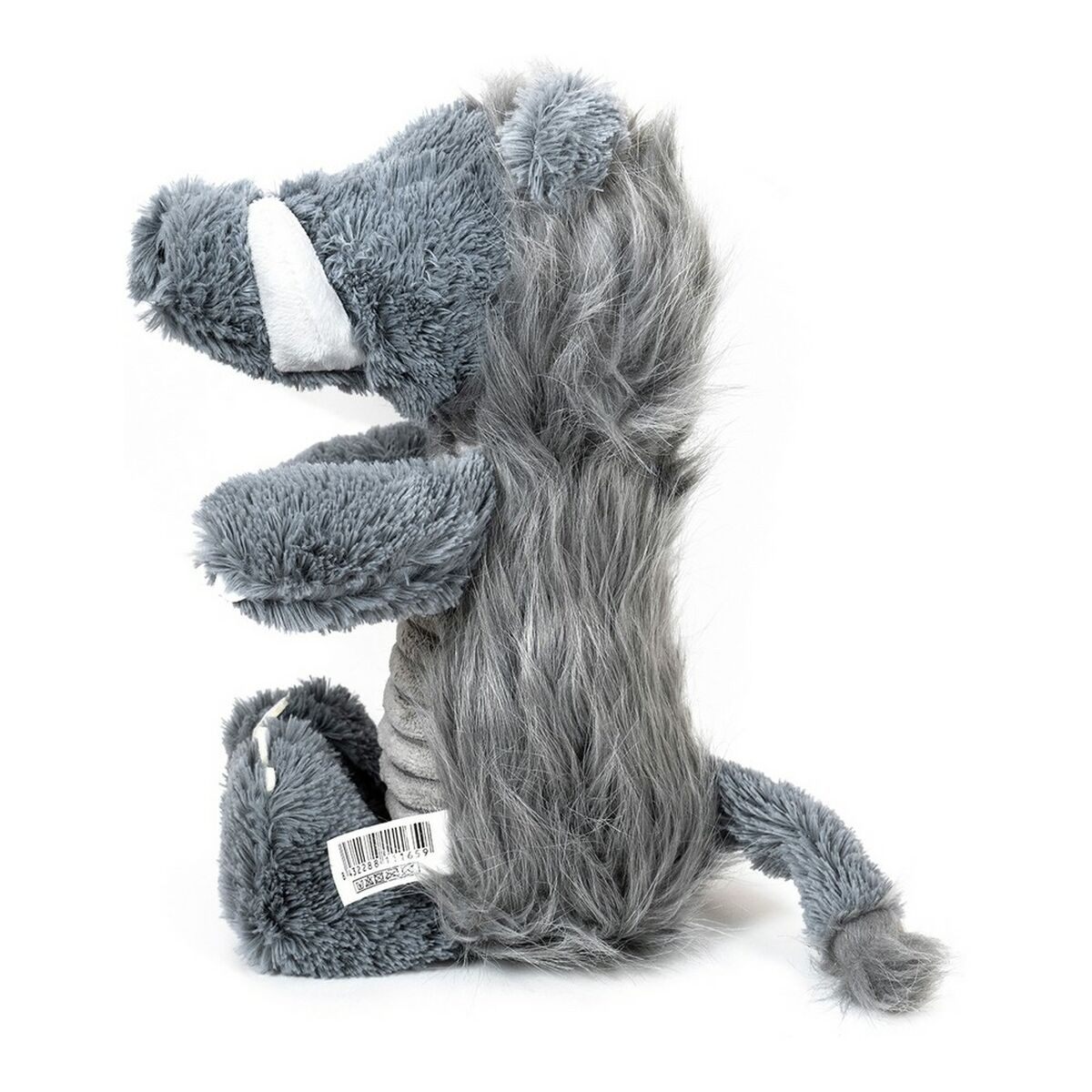Cinghiale di peluche grigio con zanne bianche, su una superficie bianca.