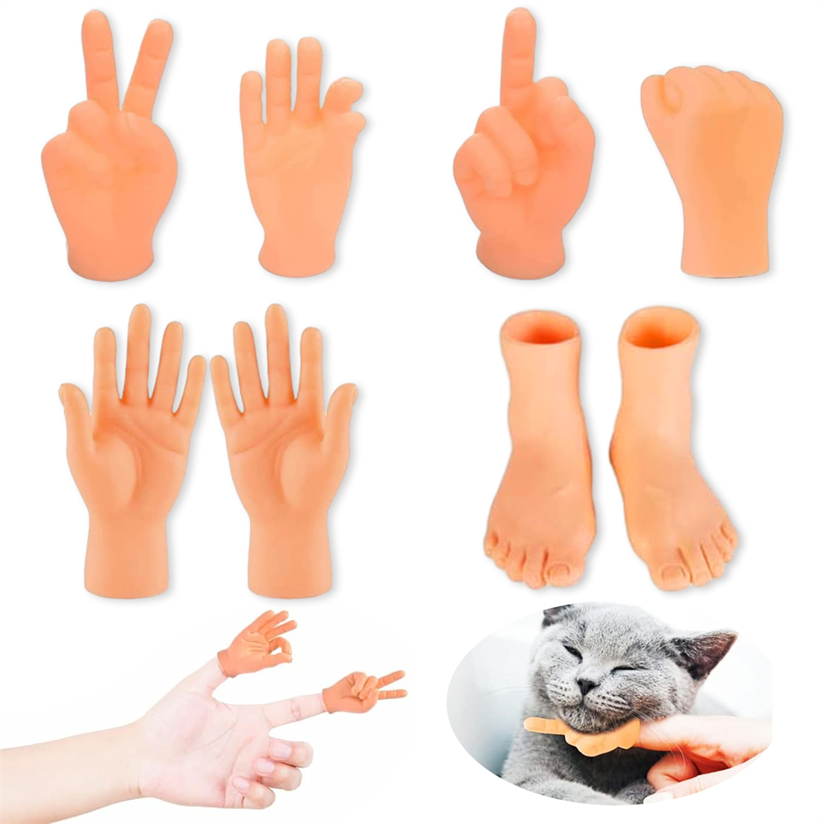 Verschiedene Hand- und Fußpuppen. Orange Hautfarbe, mit verschiedenen Handgesten und eine Katze.