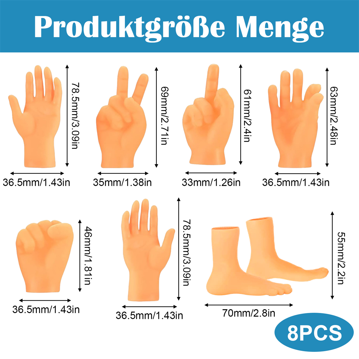 Ein Bild mit acht Sätzen von Hand- und Fußmodellen mit Maßen.