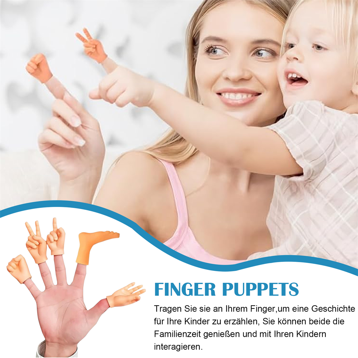 Eine Frau und ein Kind betrachten Fingerpuppen an einer Hand. Die Puppen stellen verschiedene Handgesten dar.