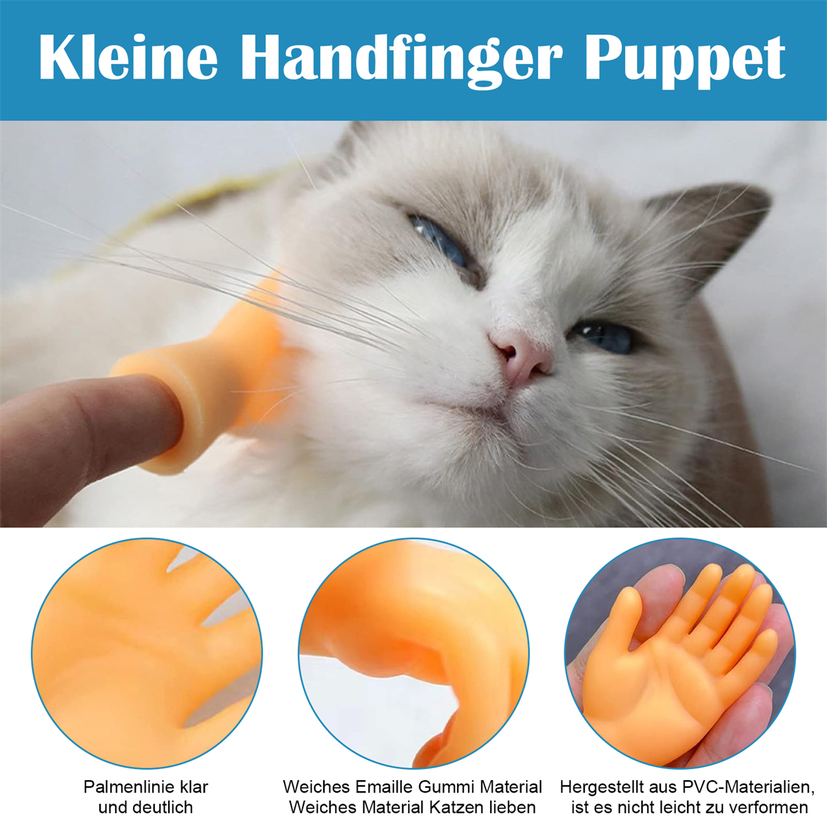 Nahaufnahme einer Fingerpuppe.  Orange Handpuppe am Finger mit Details der Handfläche.