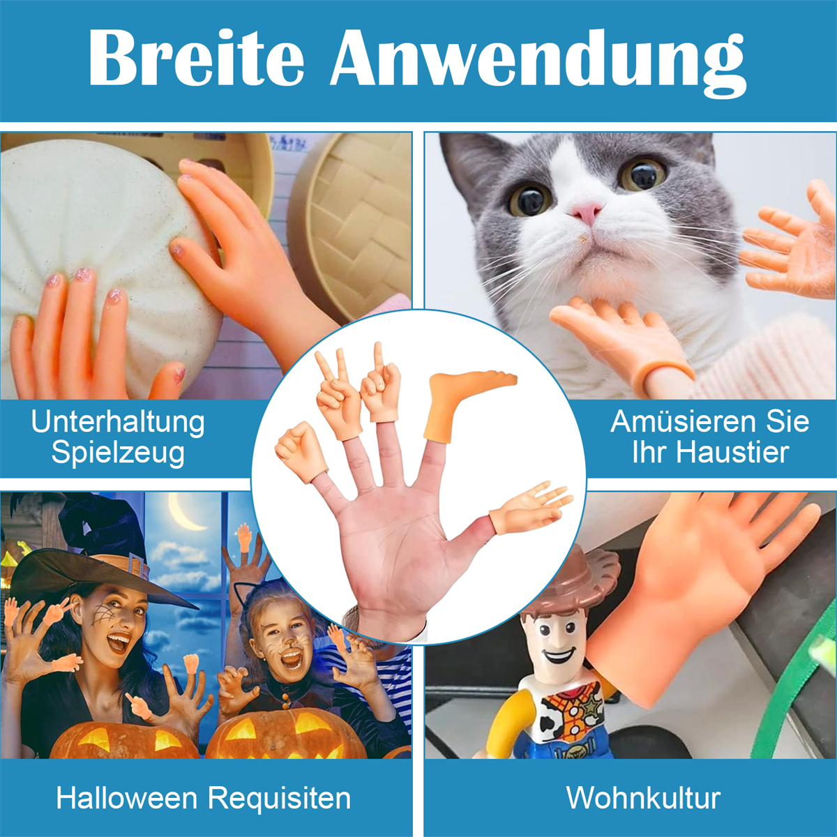 Eine Hand mit Fingerpuppen und eine Katze. Bilder zeigen Fingerpuppen für Spaß und Halloween.