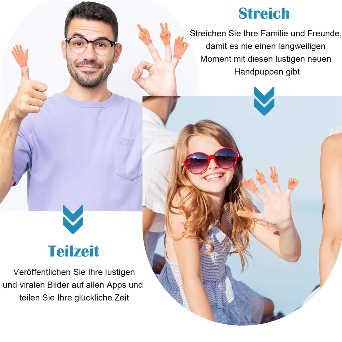 Leute tragen Fingerpuppen. Ein Mann gibt einen Daumen hoch. Ein Mädchen trägt Sonnenbrille und lächelt.