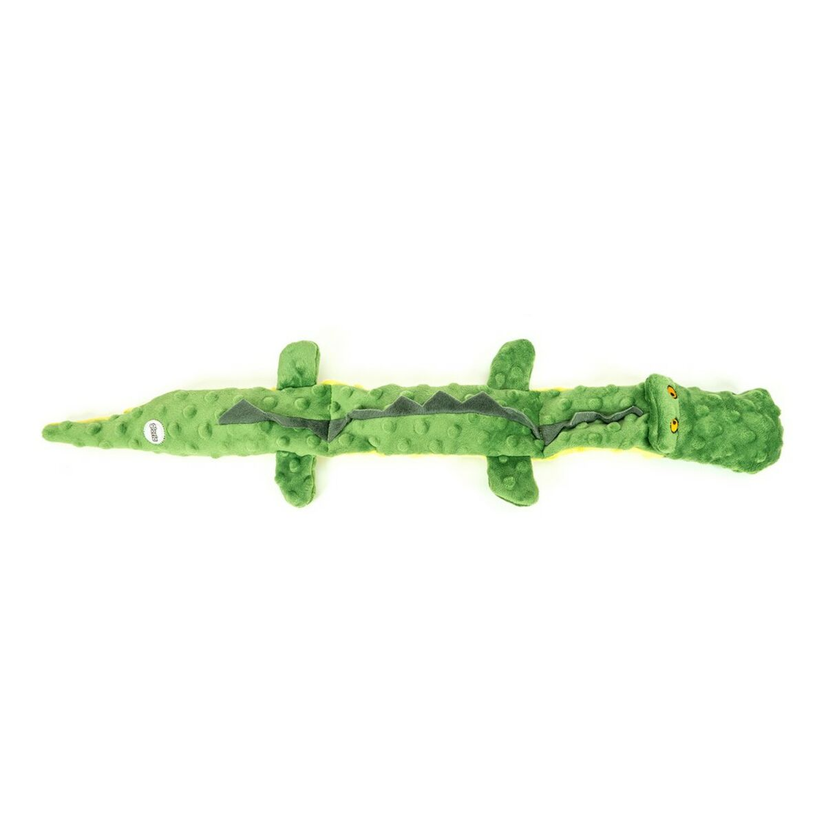 Giocattolo a forma di coccodrillo verde. Ha un corpo strutturato e piccole zampe. La bocca è aperta.