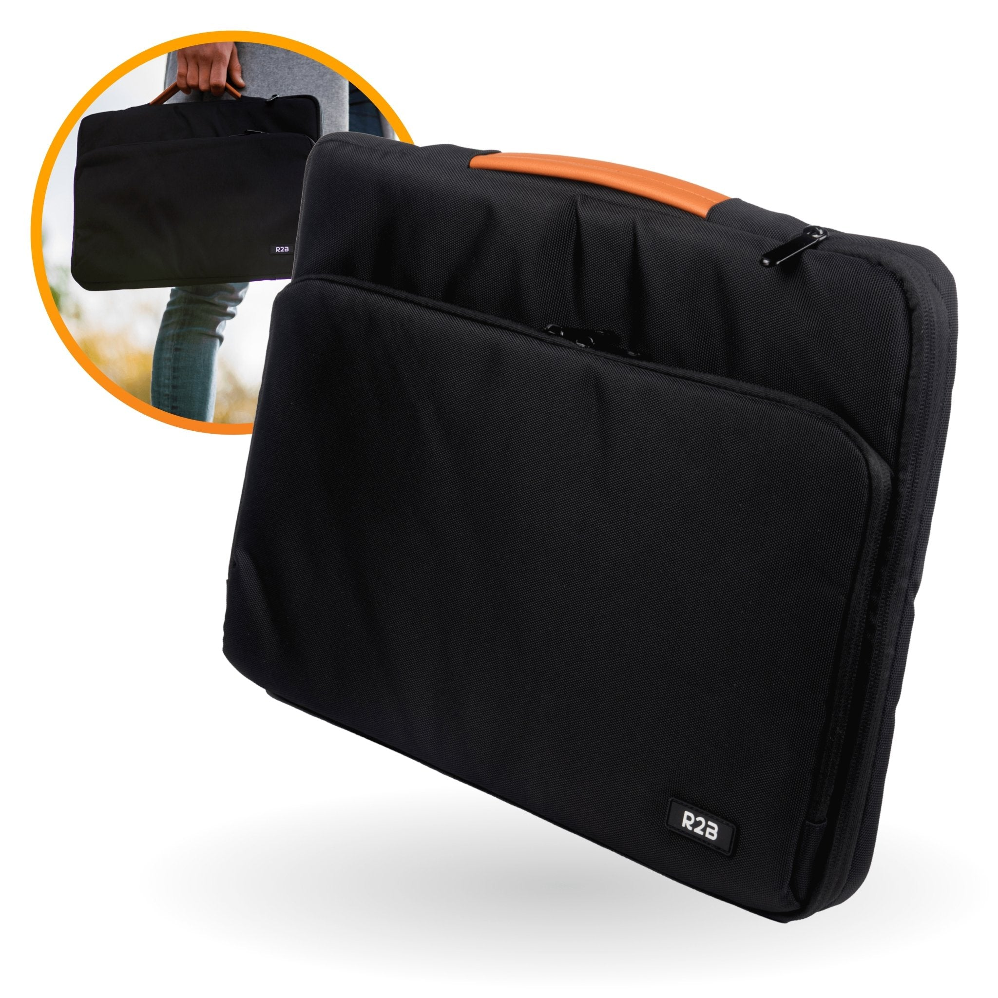 Un sac d'ordinateur portable noir avec une poignée orange. Il y a aussi une petite image d'une personne qui le porte.