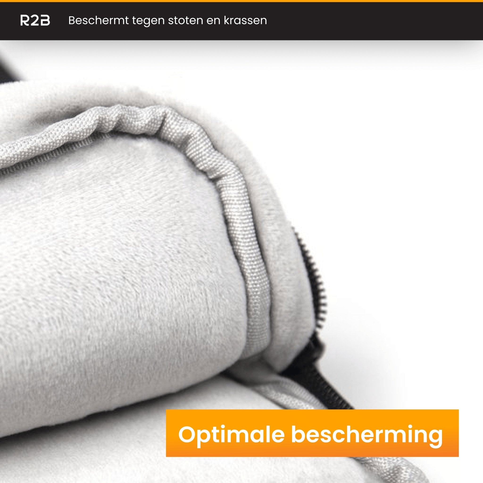 Gros plan sur un étui de protection gris pour un appareil, avec une bordure orange.