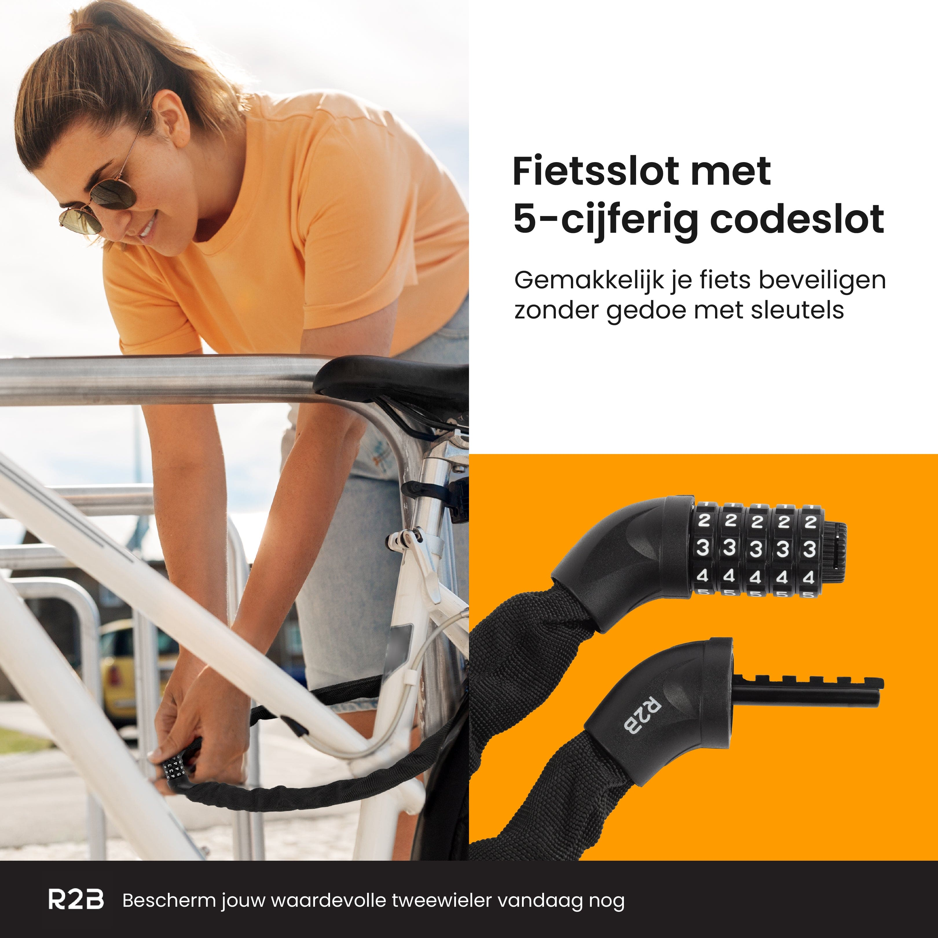 Frau verriegelt ein Fahrrad mit einem Kettenschloss. Das Schloss hat Zahlen für den Code.