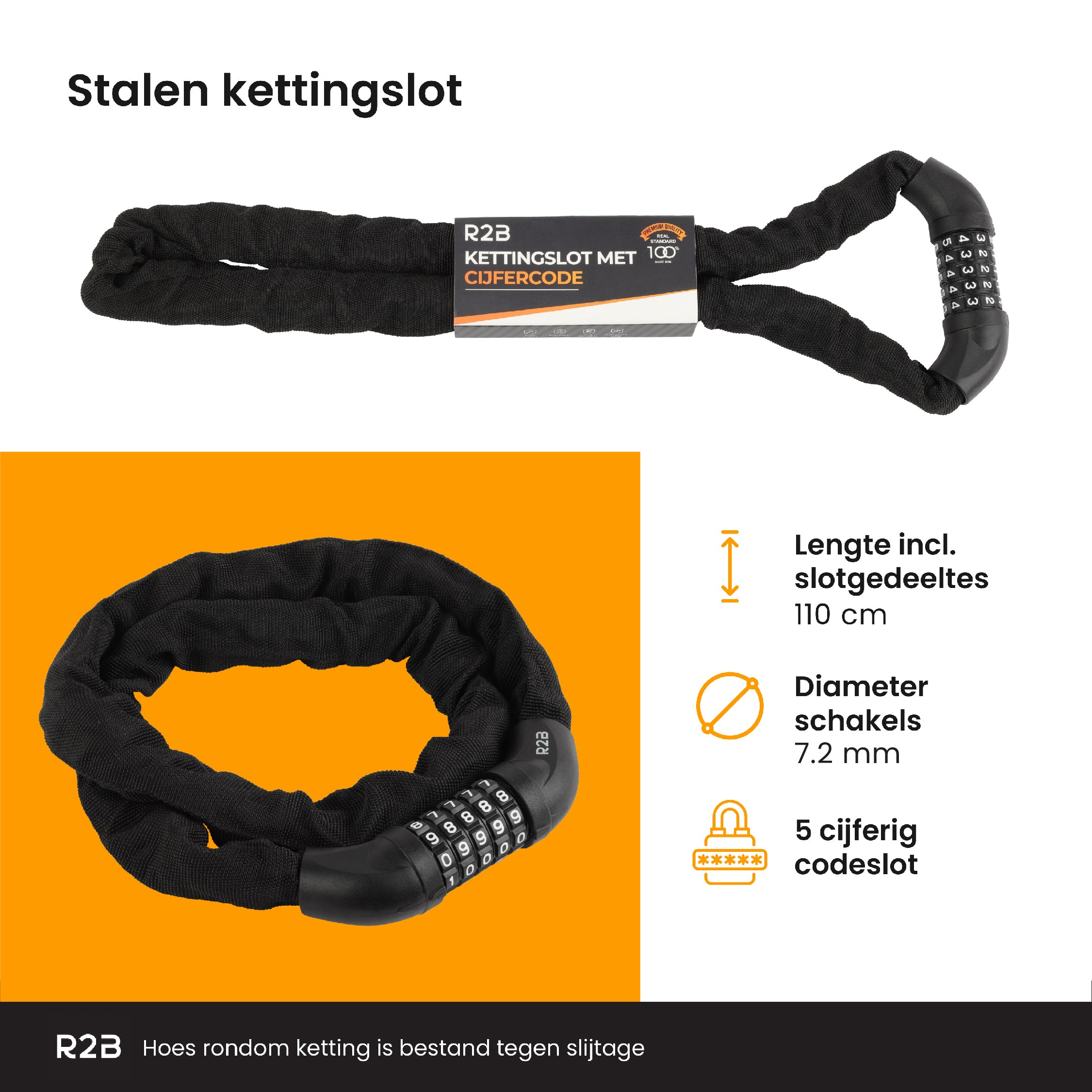 Ein schwarzes Kettenschloss mit Zahlenschloss. Text und Maße werden daneben angezeigt.