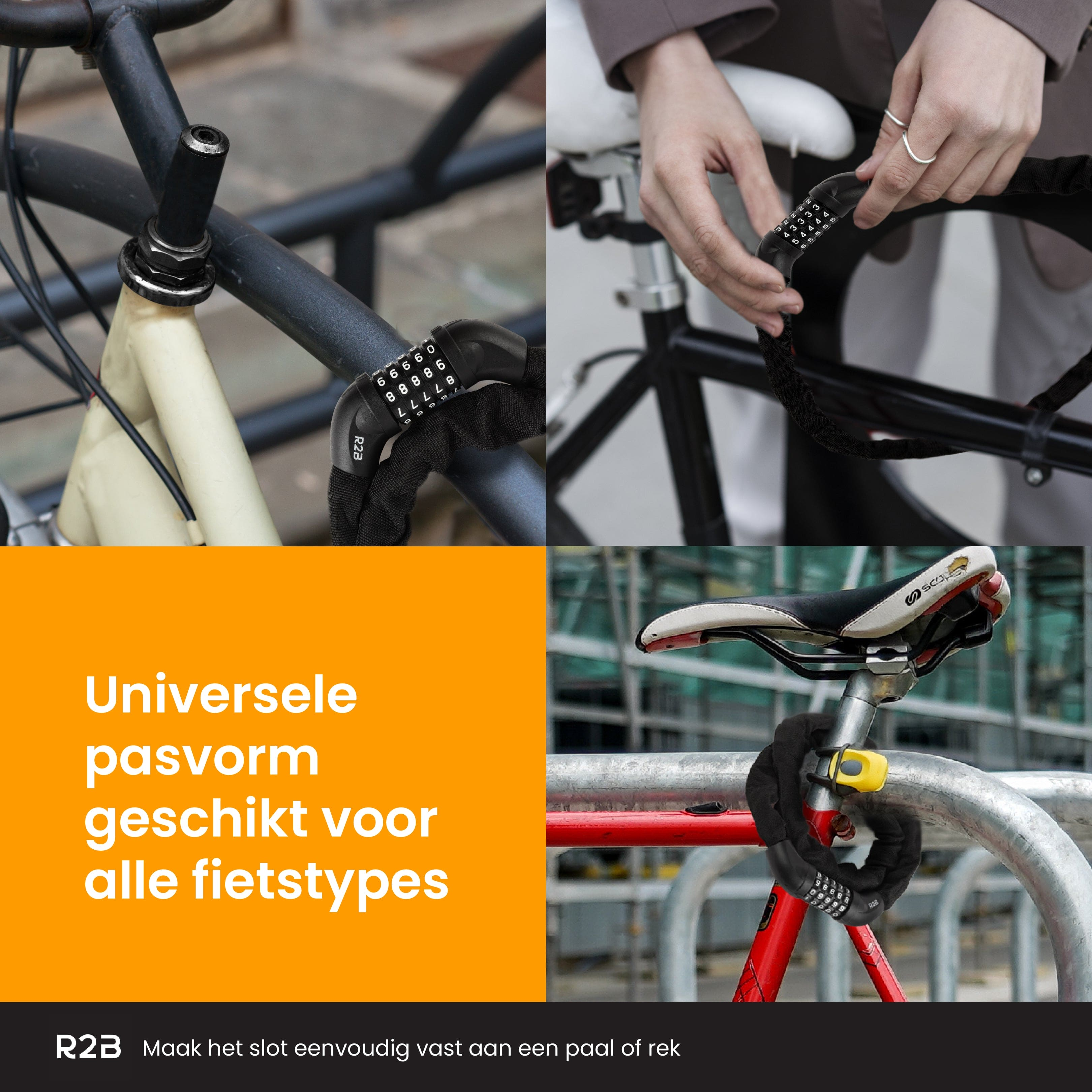 Nahaufnahme von Fahrradschlössern an Fahrrädern. Schloss mit sichtbaren Zahlen und Text über universelle Passform.