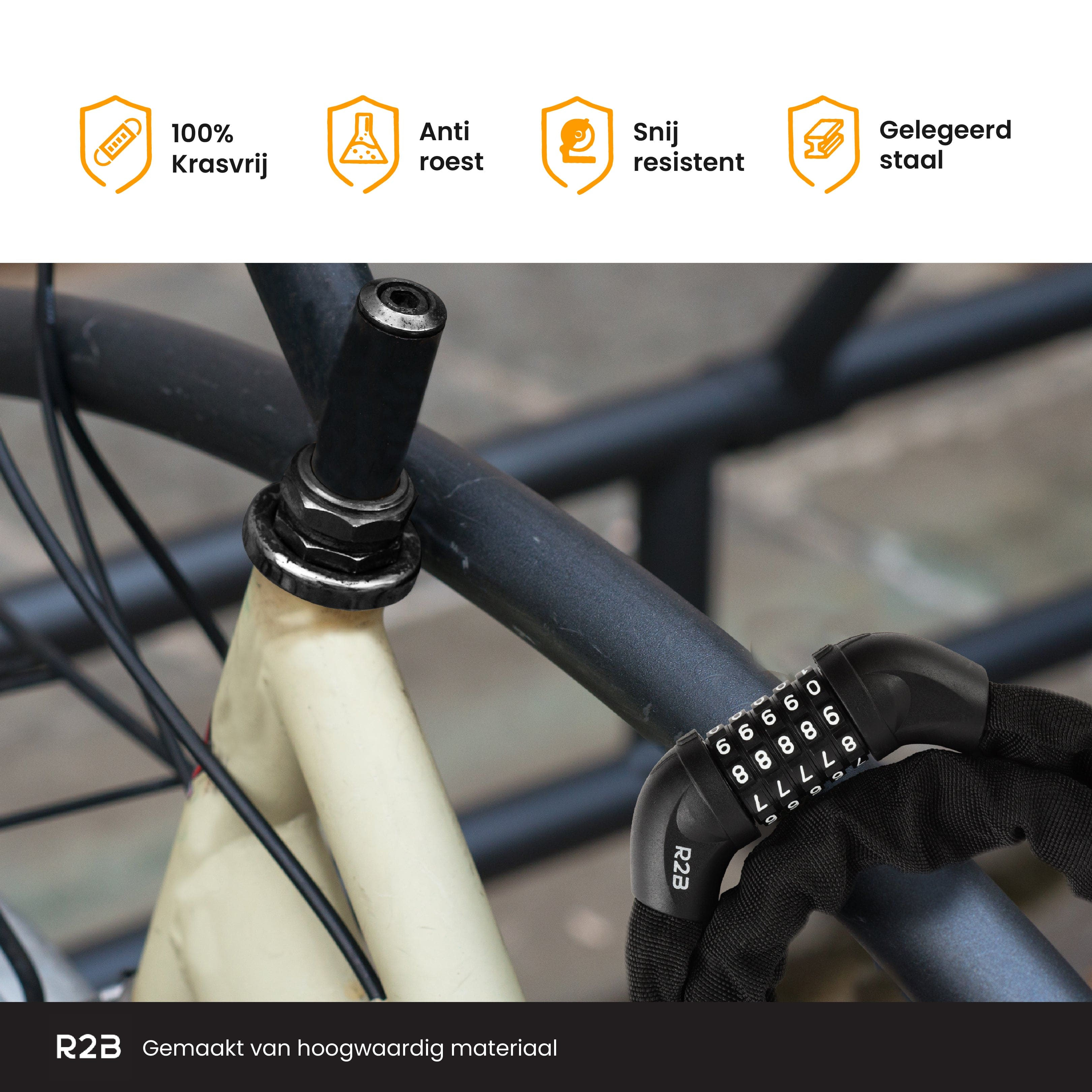 Fahrradschloss mit Zahlenschloss an einem Fahrradrahmen, mit Text über Rostfreiheit.