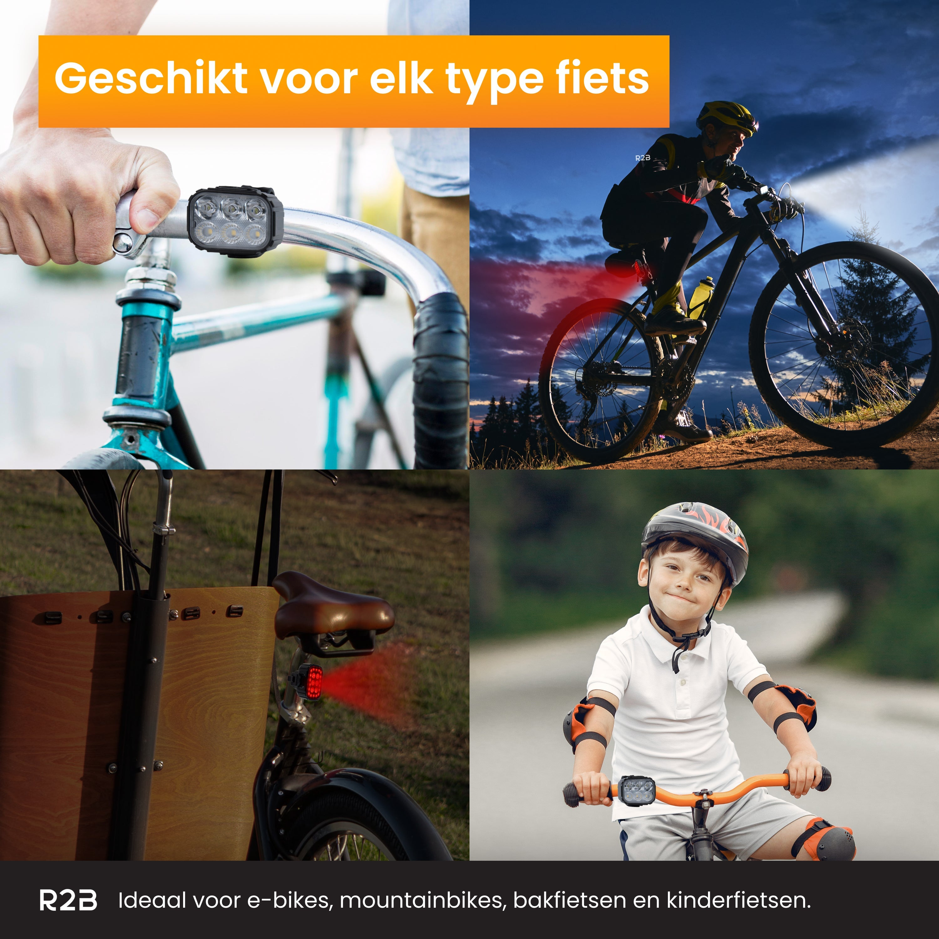 Collage of people riding bikes, showcasing bike lights, and a boy with helmet.