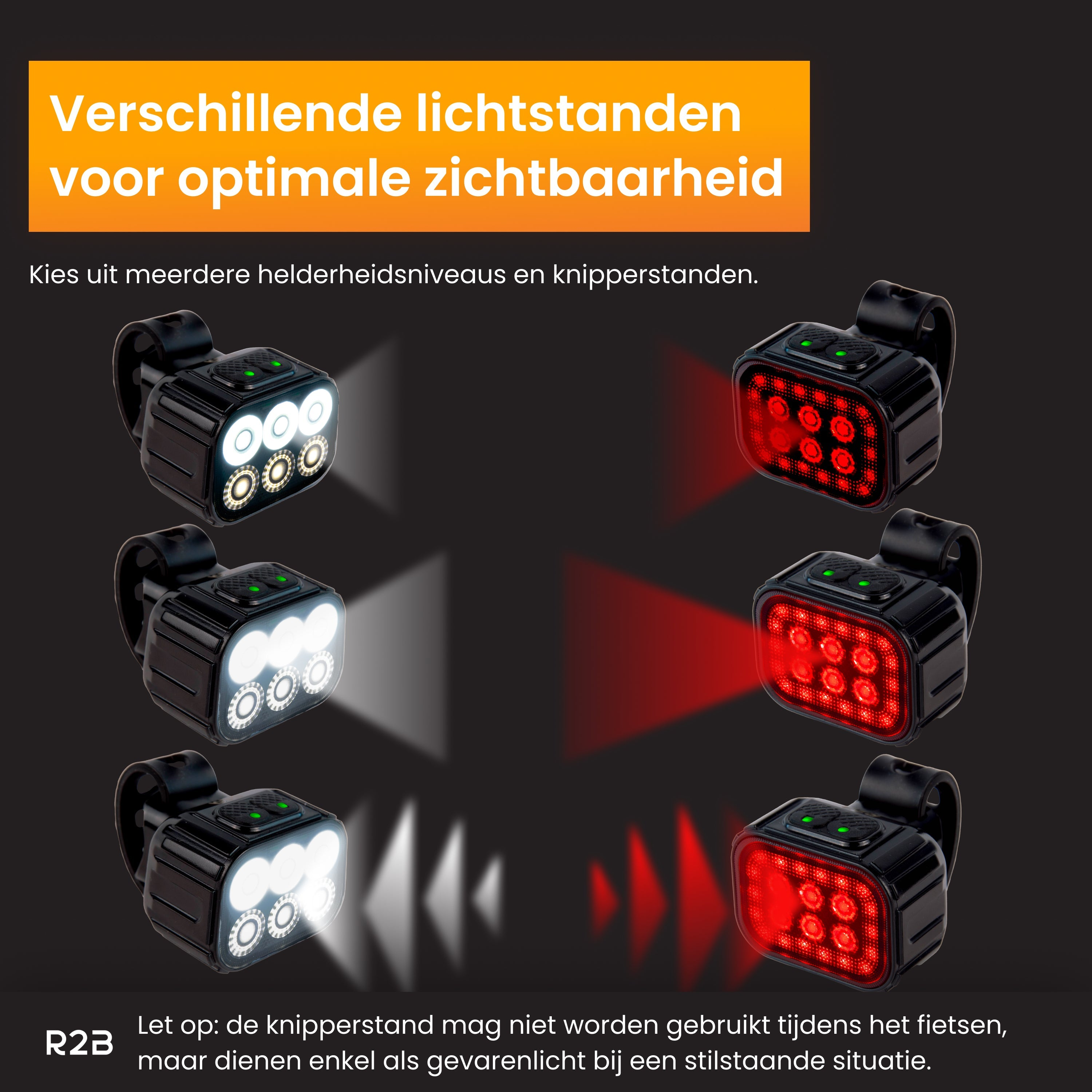 Several black bicycle lights with different light settings are displayed on a dark background.