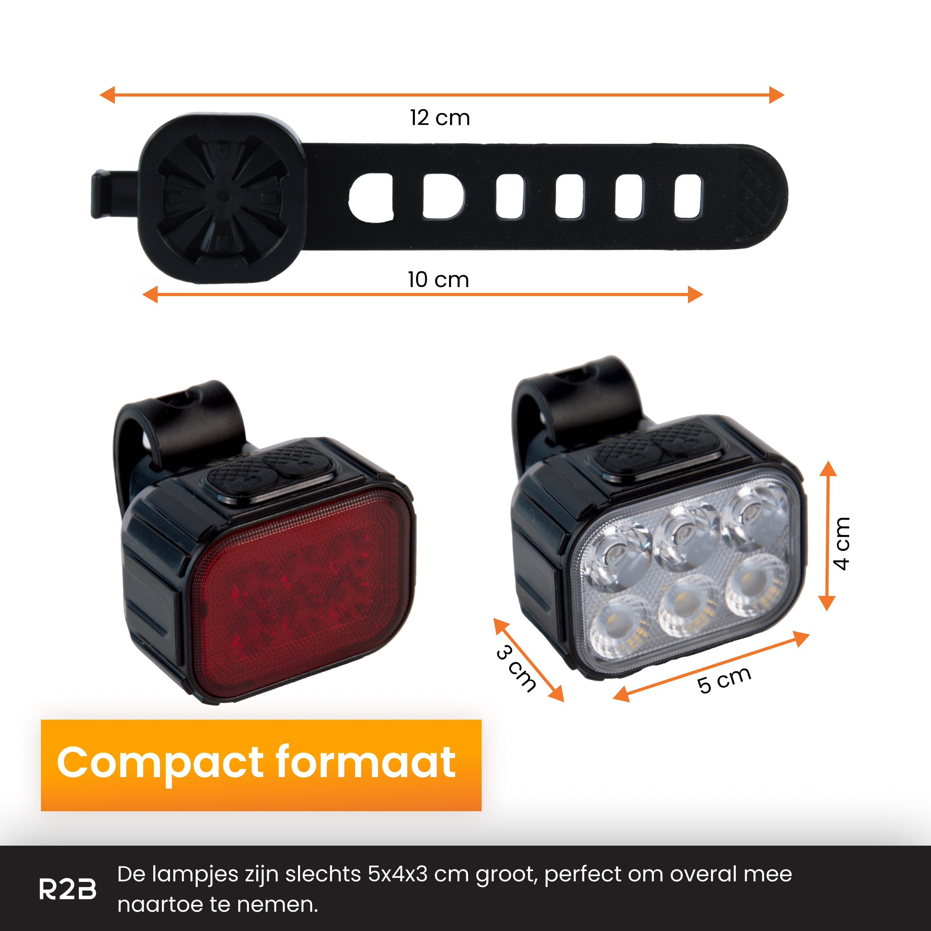 Two black bike lights with dimensions, and a black rubber strap for mounting.