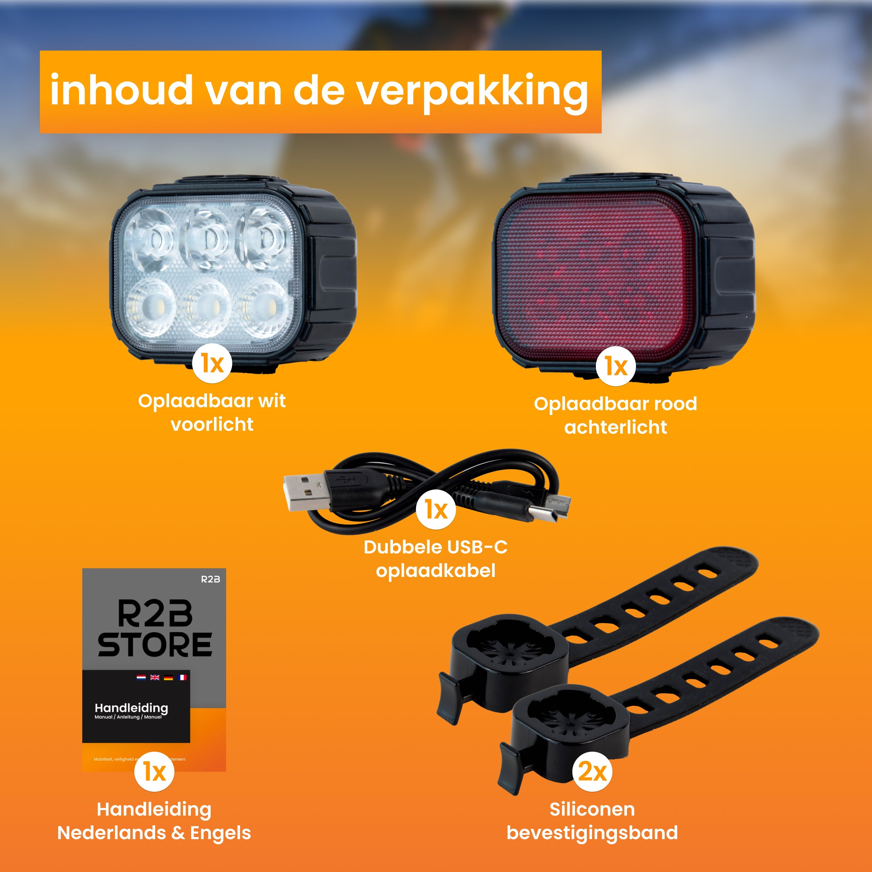 Package contents: bike lights, USB-C cable, and straps. The lights are black and red.