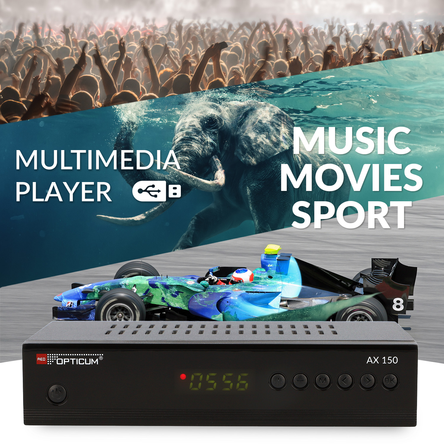 Multimedia-Player, ein Rennwagen und eine Menge.