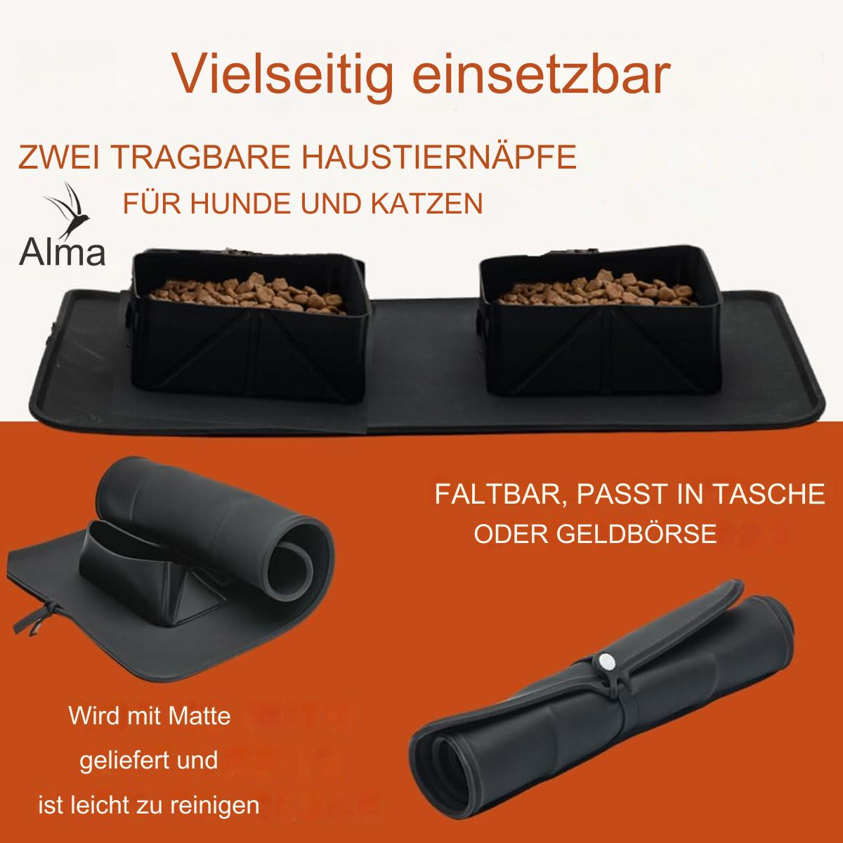 Zwei schwarze Futternäpfe auf einer Matte, mit einem aufgerollten Matten- und Napf-Set.