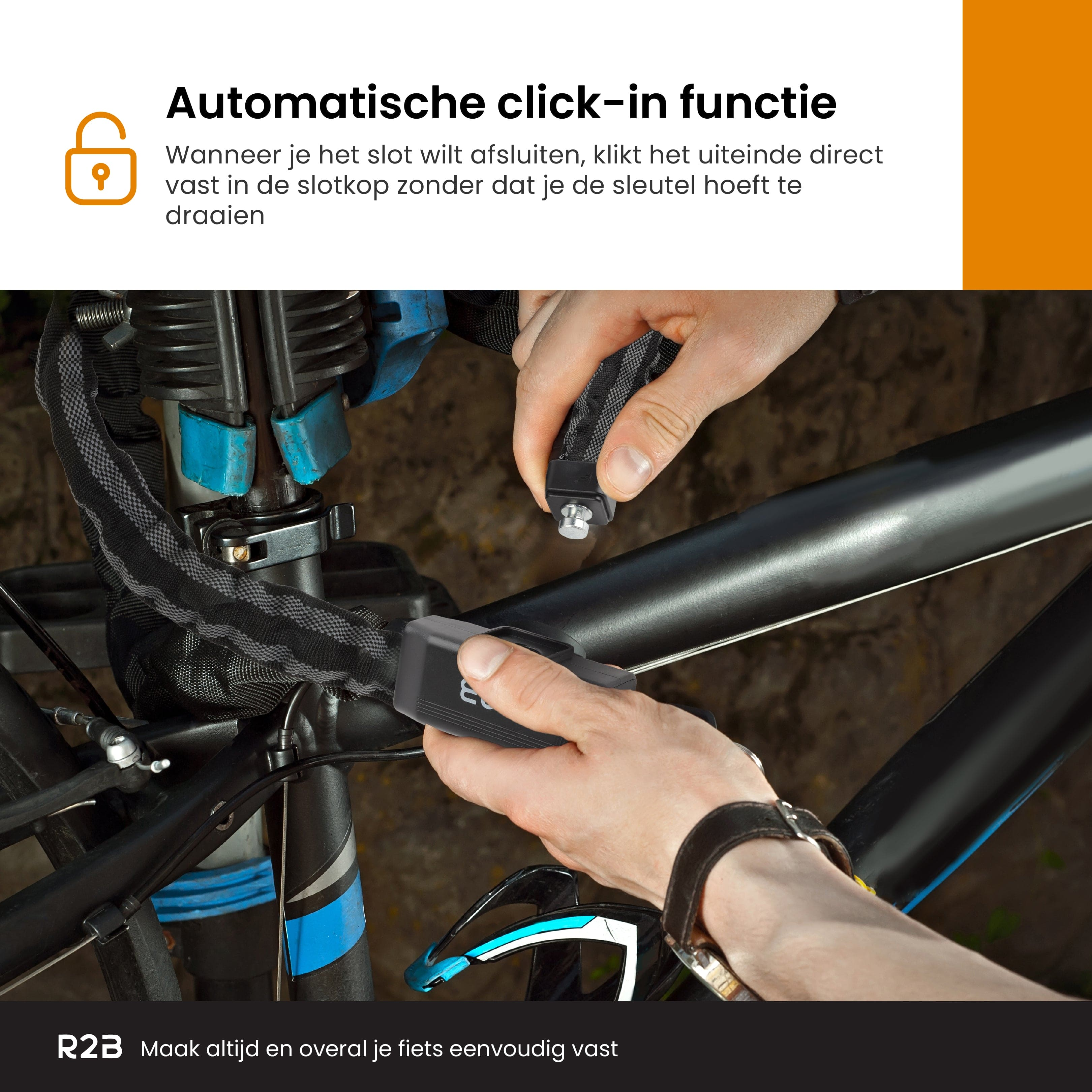 A person locks a bike chain. The bike and chain are black, the background is out of focus.