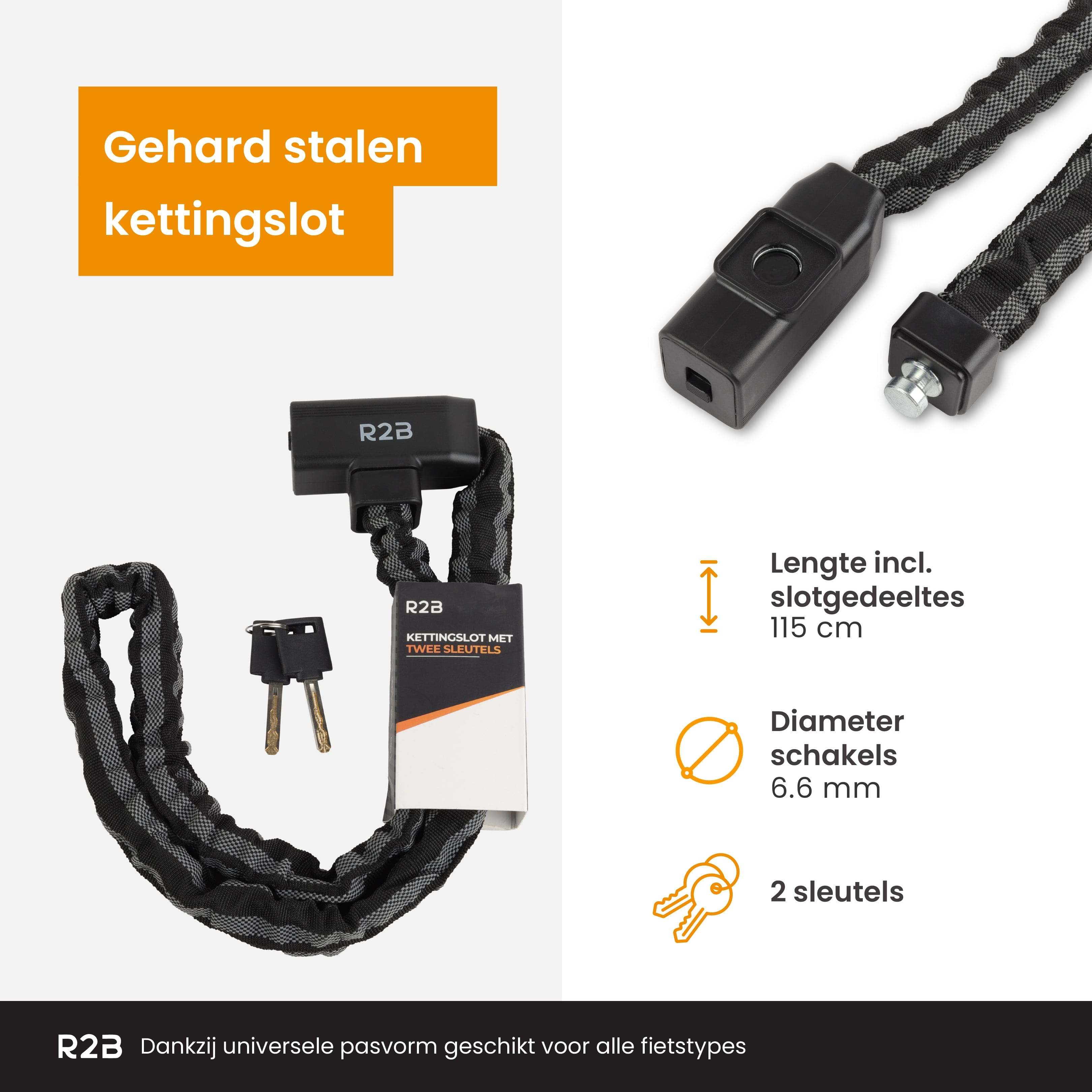 Black bicycle chain lock with two keys and product information on a white background.