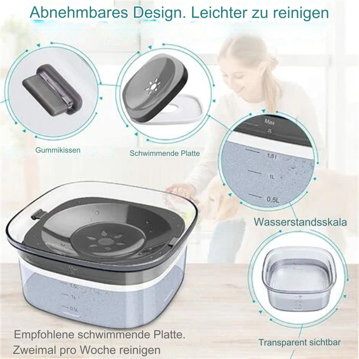 Haustier-Wasserspender mit Komponenten, eine Frau im Hintergrund und Textbeschriftungen.