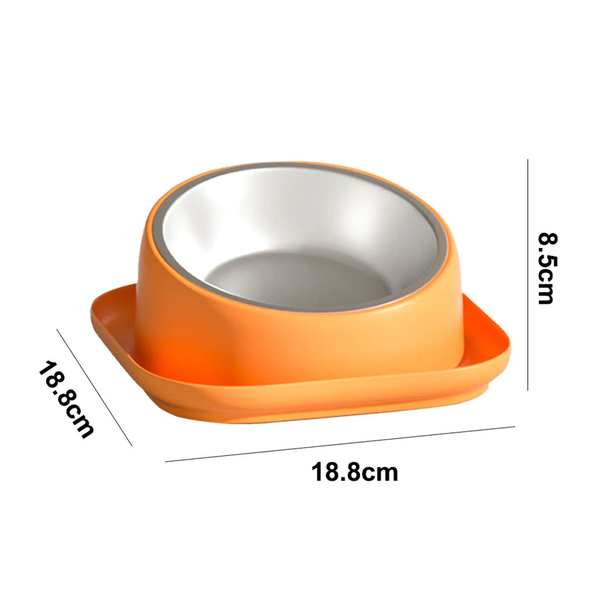 Orangene Futterschüssel auf einem Tablett. Maße zeigen 18,8 cm x 18,8 cm x 8,5 cm.
