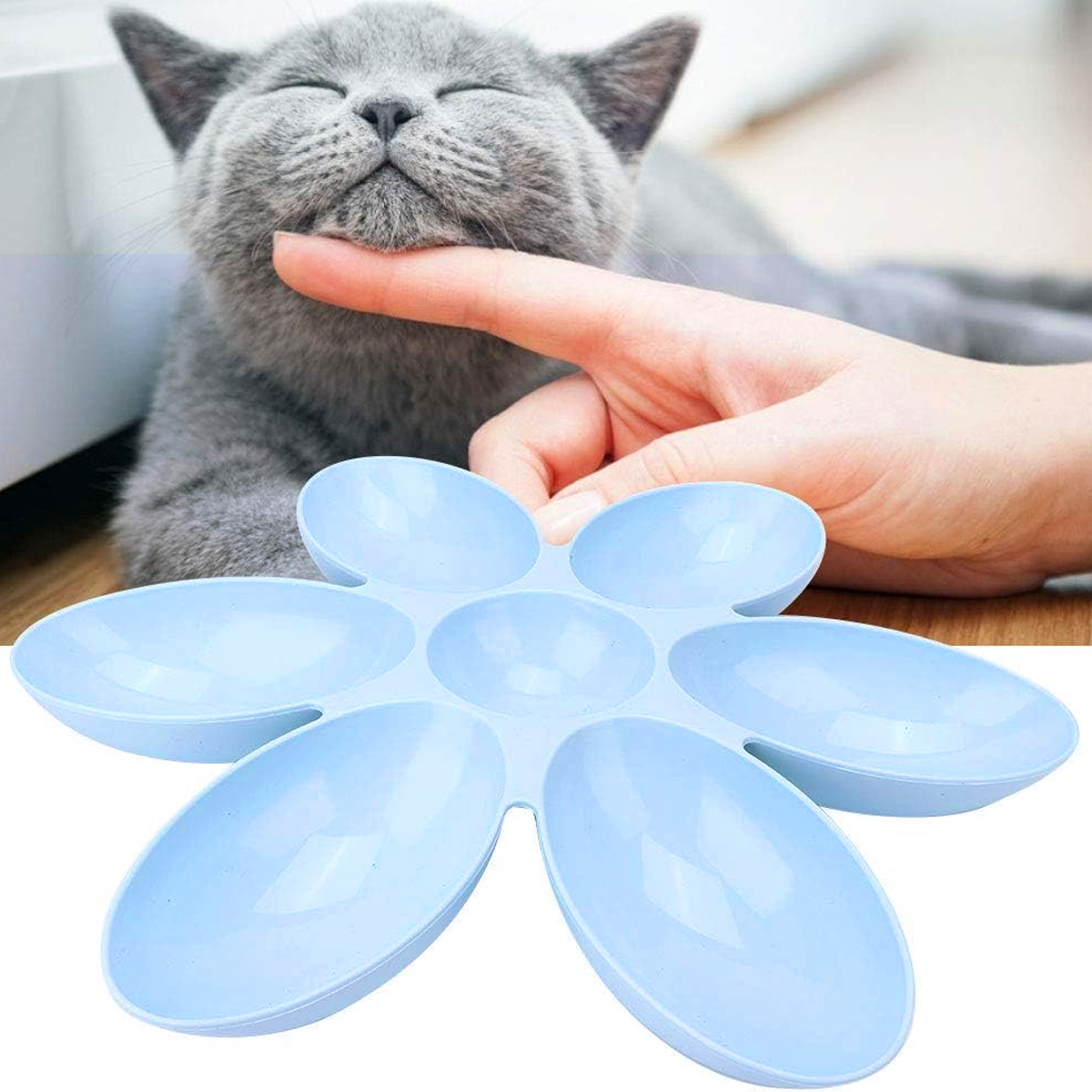 Blauer Katzennapf in Blumenform, Katze und Hand im Hintergrund.