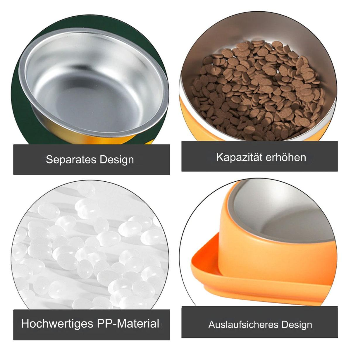 Vier Bilder, die ein Haustiernapf-Design zeigen: separate Schalen, erhöhte Kapazität, PP-Material und auslaufsicher.
