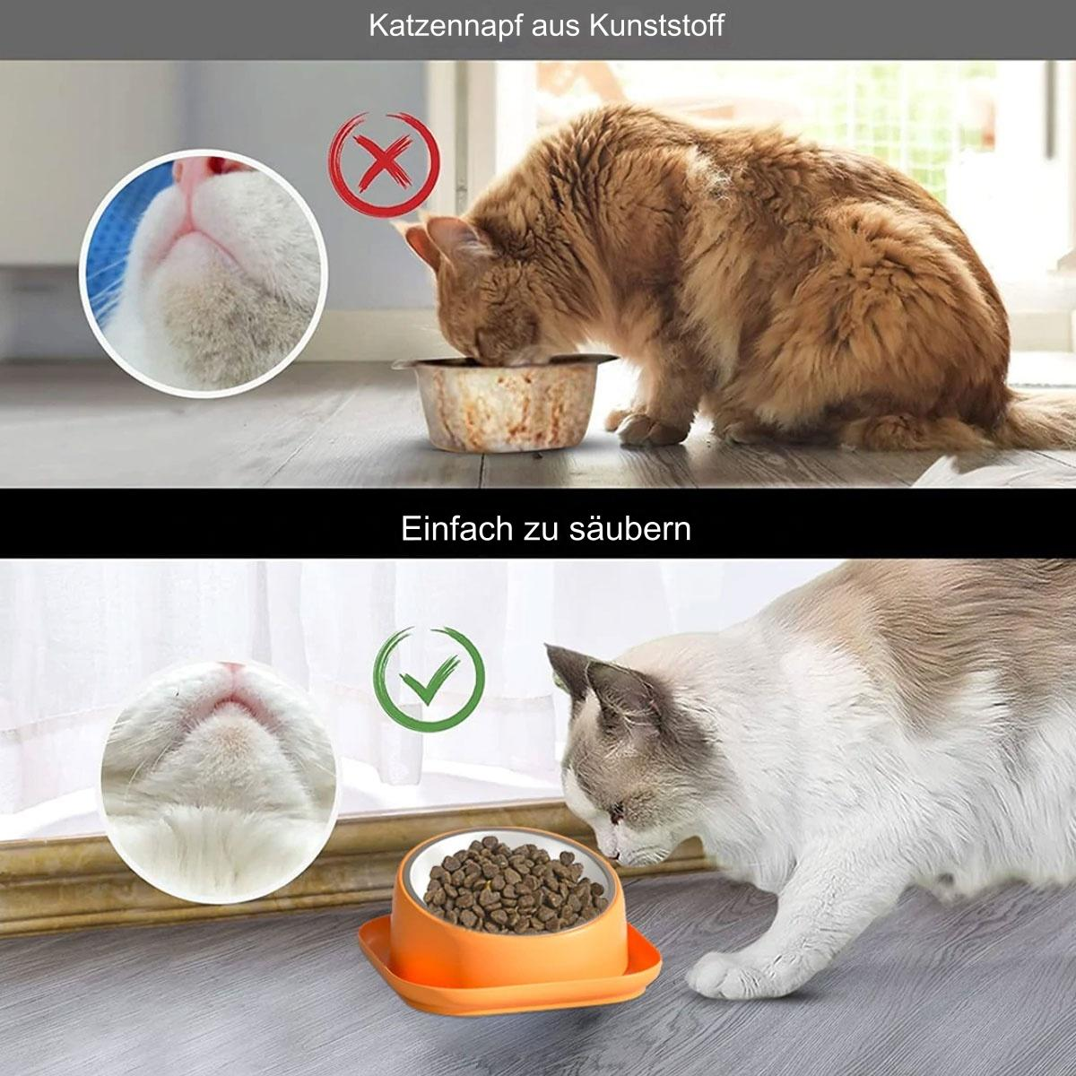 Orangefarbene Katzenschale, mit einer Katze beim Fressen und einem weiteren Katzengesicht.