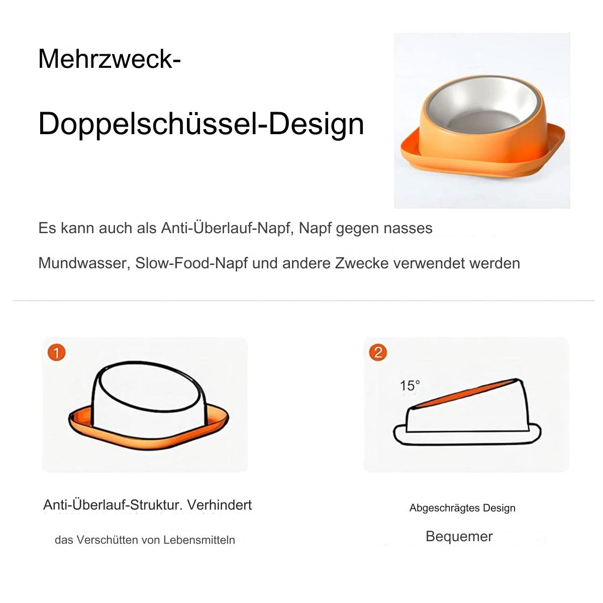 Eine orangefarbene und silberne Futterschüssel für Haustiere mit Diagrammen, die ihr Design veranschaulichen.