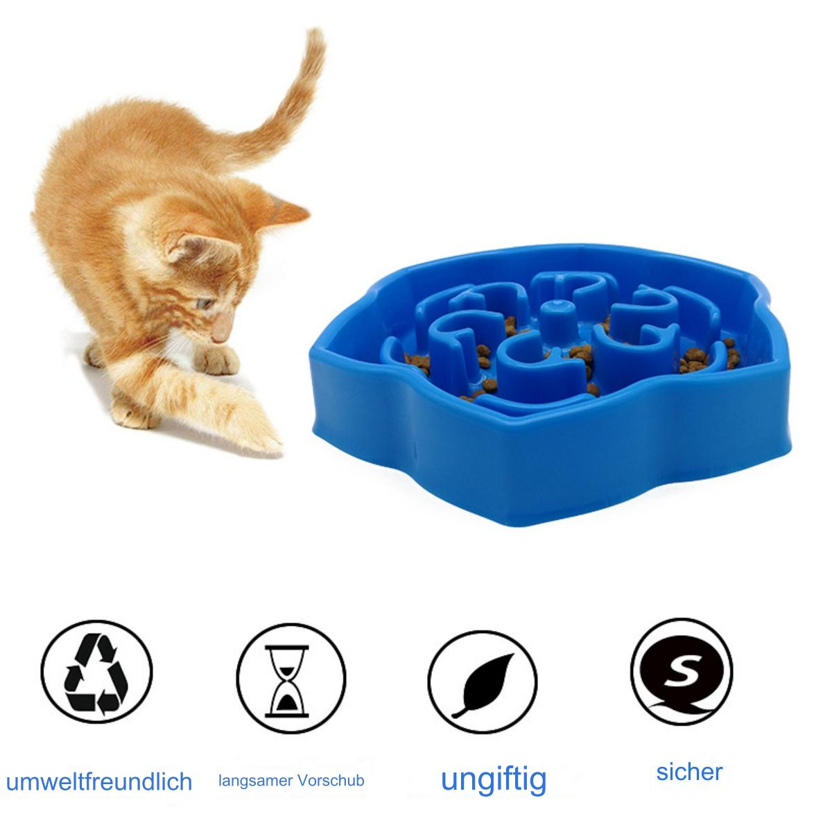 Katze frisst aus blauem Puzzle-Napf. Vier Icons zeigen Recycling, langsames Füttern, ungiftig, sicher.